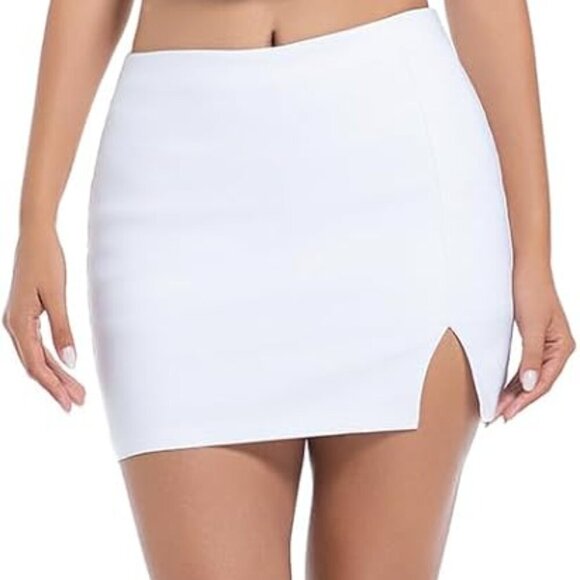Black Mini Skirt Women's High Waisted Stretch Fitted Bodycon Skirt with Slit - Picture 4 of 7